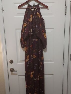 Halter Maxi Dress in Plum with Mustard Floral Print